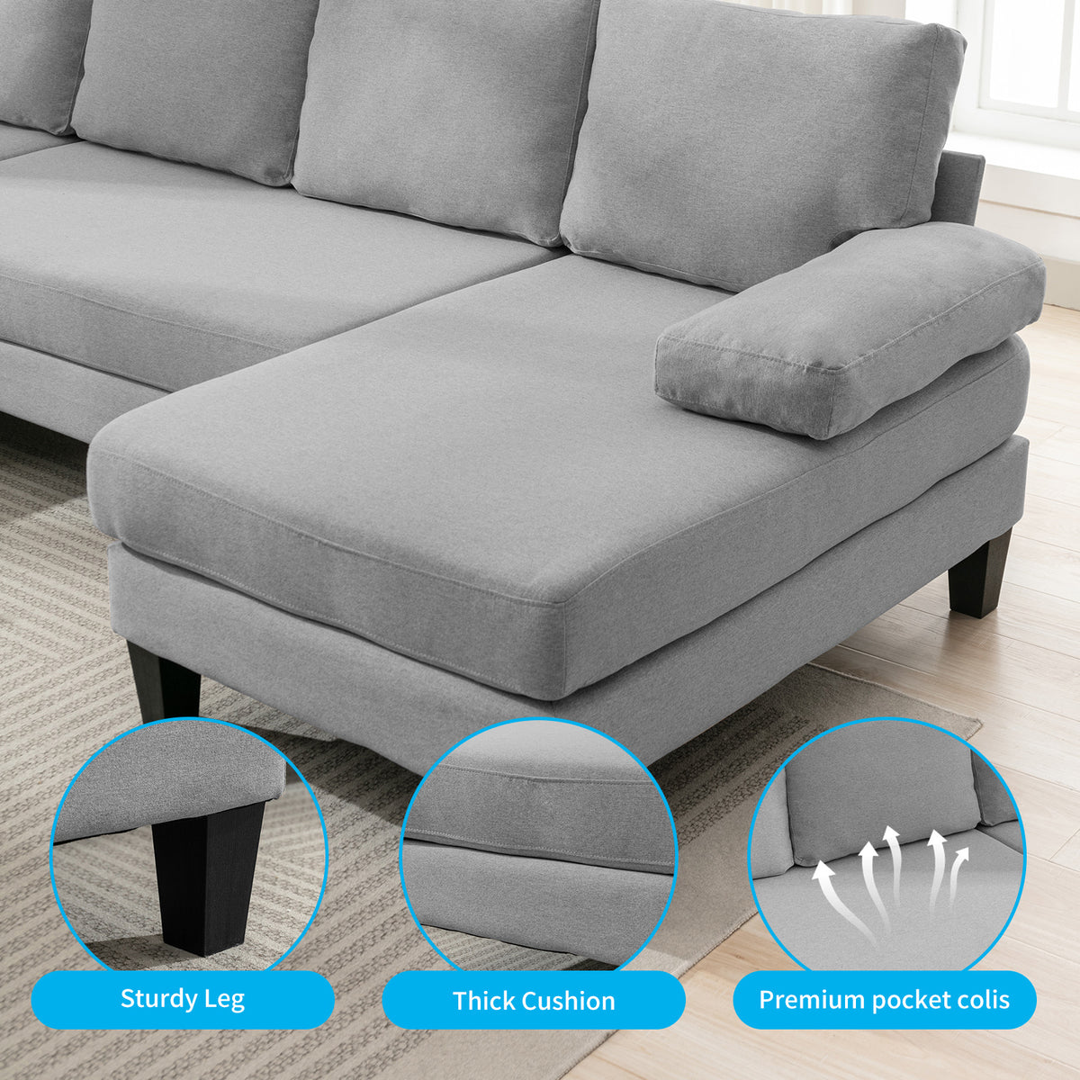 Light Gray 4 Seats Linen Fabric U-Shaped Sectional Sofa with Double Comfy Chaise N7127