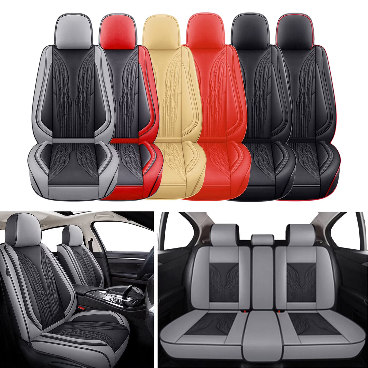 Black&Gray PU Leather 5 Seats Car Seat Cover Full Set S563810