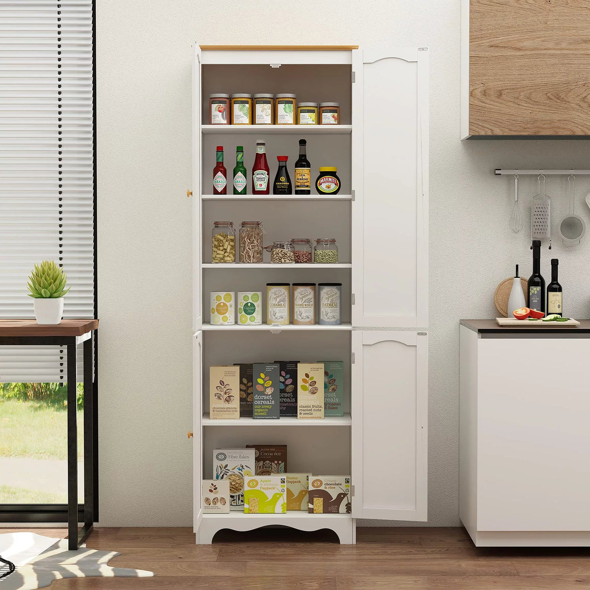72'' Tall Kitchen Pantry Cabinet with 4 Doors and 2 Adjustable Shelf, White and Honey V427347