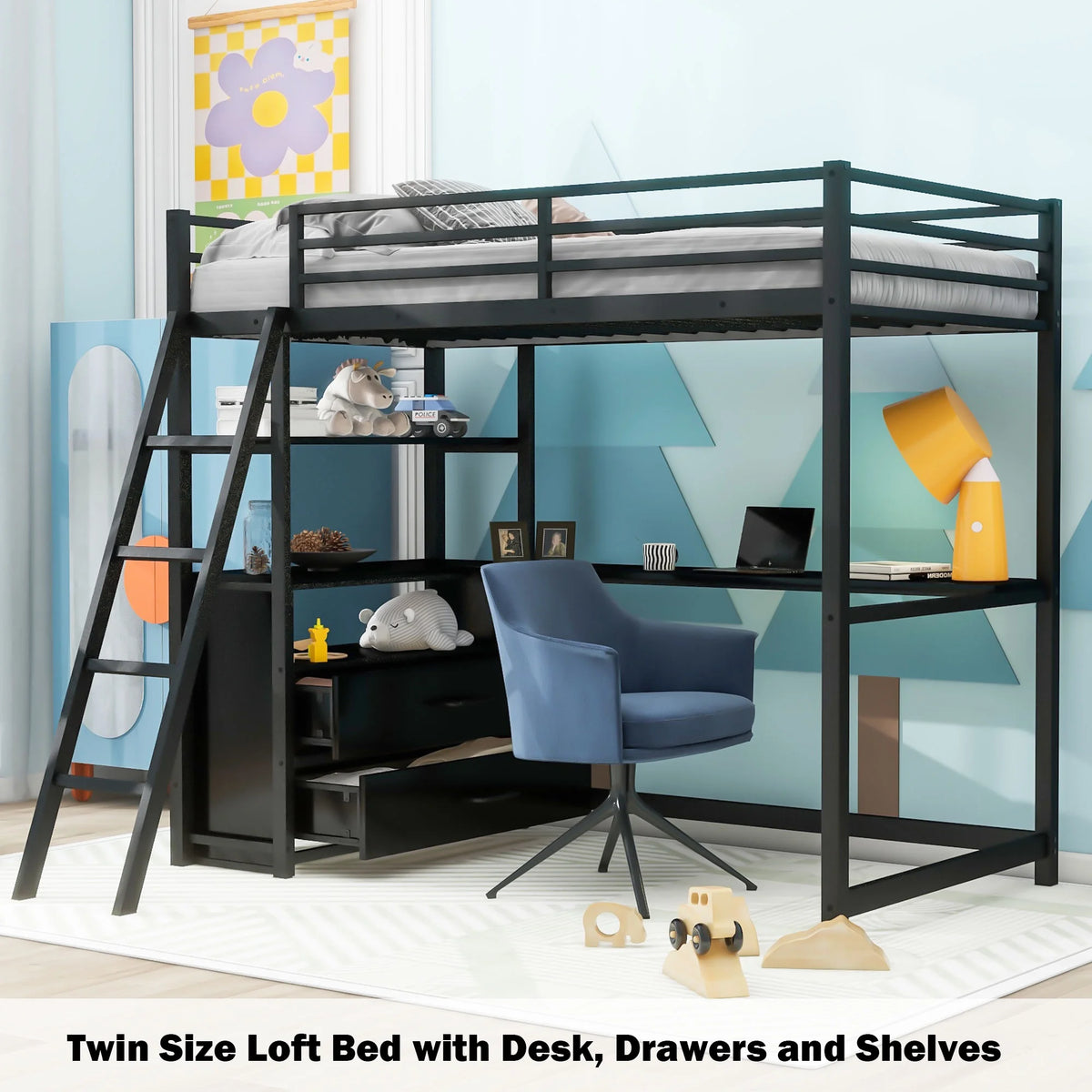 Black Twin Metal Loft Bed with Desk Storage Drawers Shelves L851750
