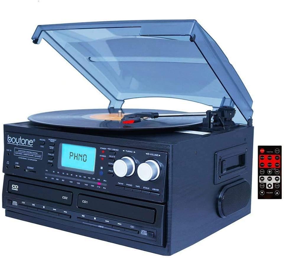 Bluetooth Dual CD Player Turntable Record Player with AM/FM Radio, Cassette Player, USB, AUX O376