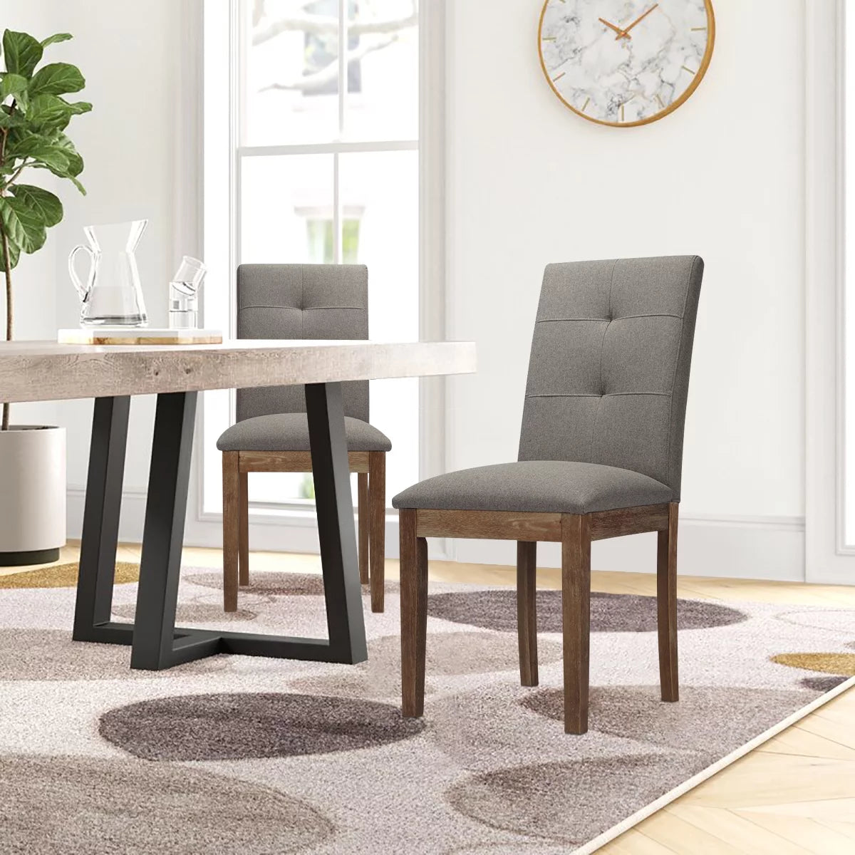 Gray Tufted Dining Chair with Solid Wood Legs Set of 2 A681