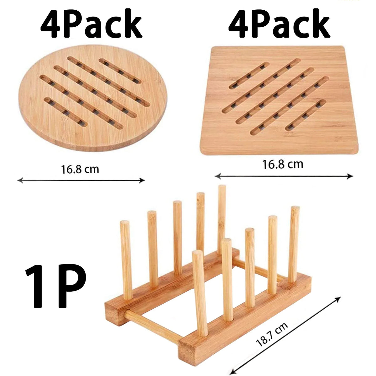 8 Pack Natural Bamboo Trivet Mat Set with 2 Holders K464