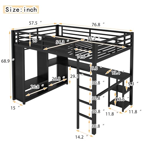 Queen Size Black Metal Loft Bed with L Desk and Wardrobe J307