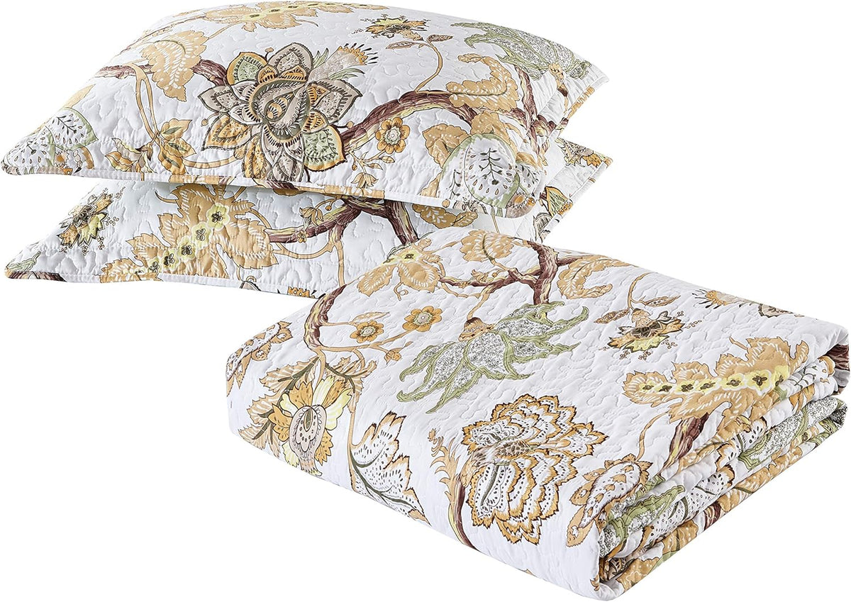 2pc Reversible Floral Bedspread Coverlet Quilt Set with Curtains Twin Size Yellow U1800