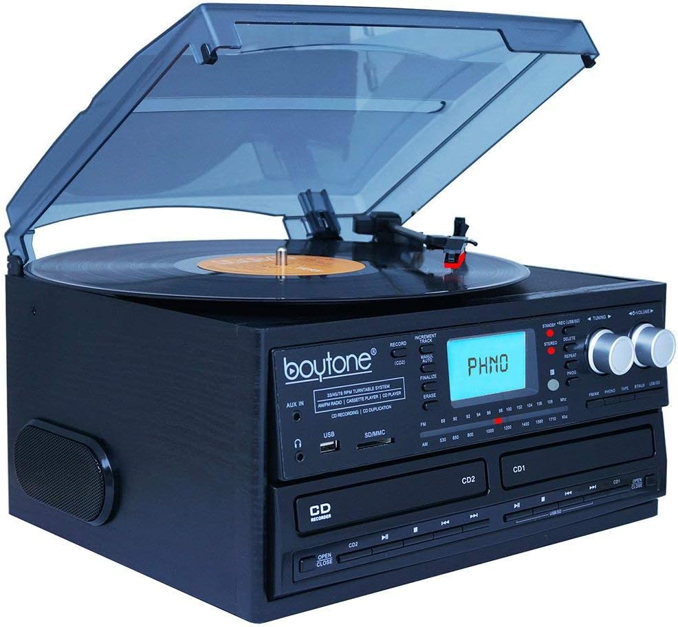 Bluetooth Dual CD Player Turntable Record Player with AM/FM Radio, Cassette Player, USB, AUX O376
