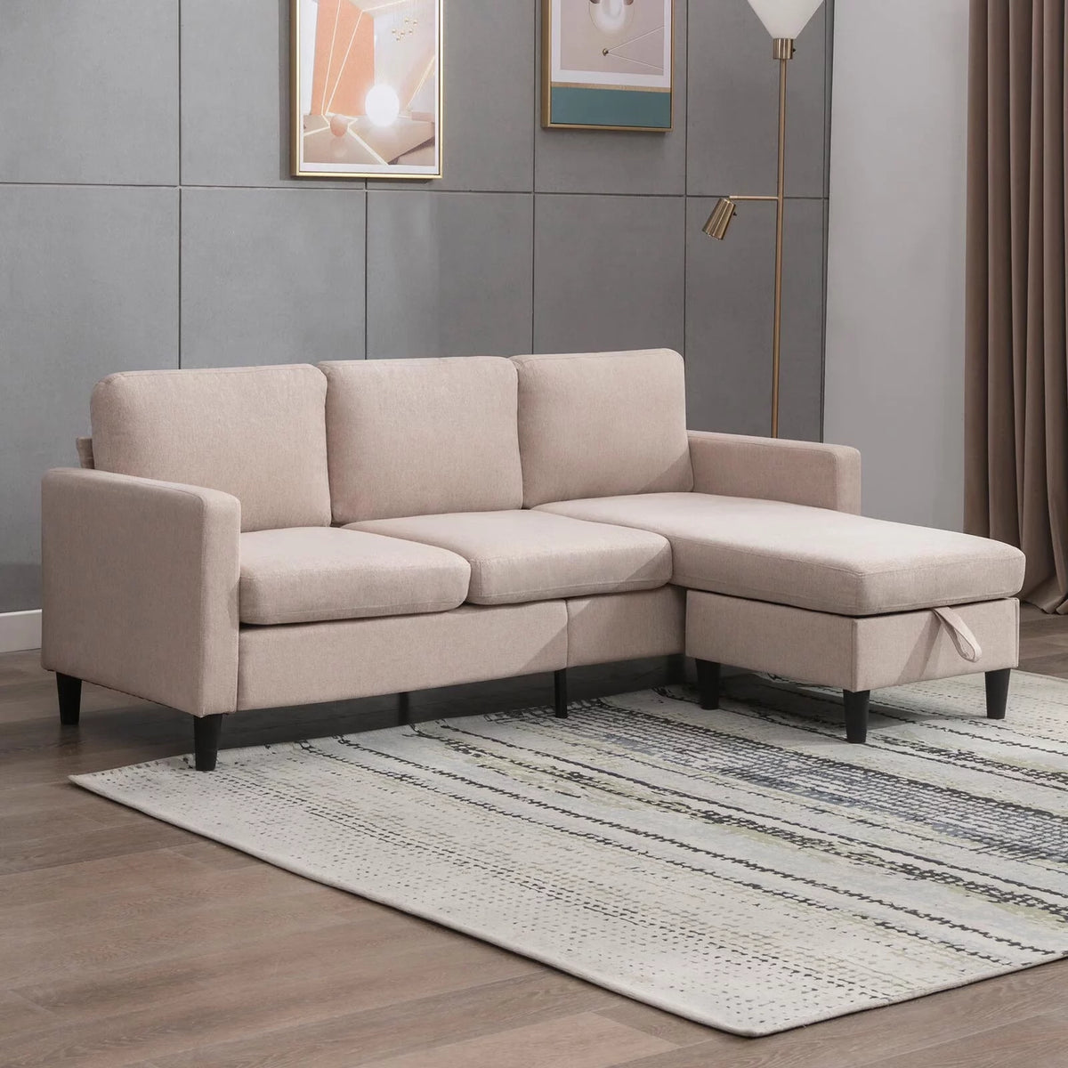 Beige Linen Convertible Sleeper Sectional Sofa with Storage Ottoman Z802506