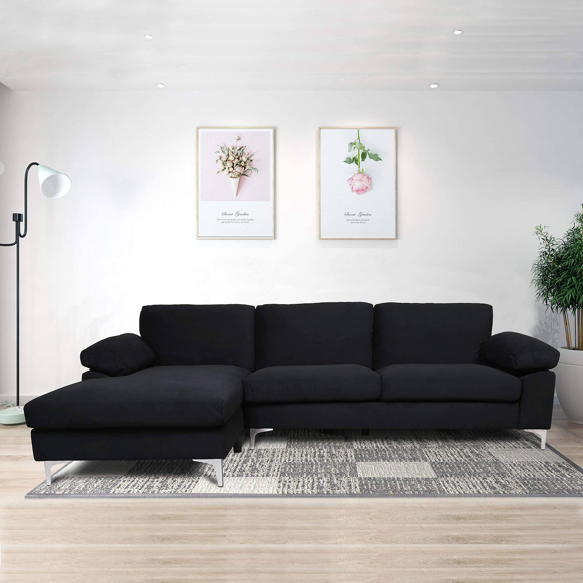 Black Velvet L-Shaped Sectional Sofa Chaise C135