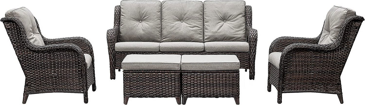 5 PC Brown Rattan Wicker Sectional Sofa Set with Ottoman Footrests V115