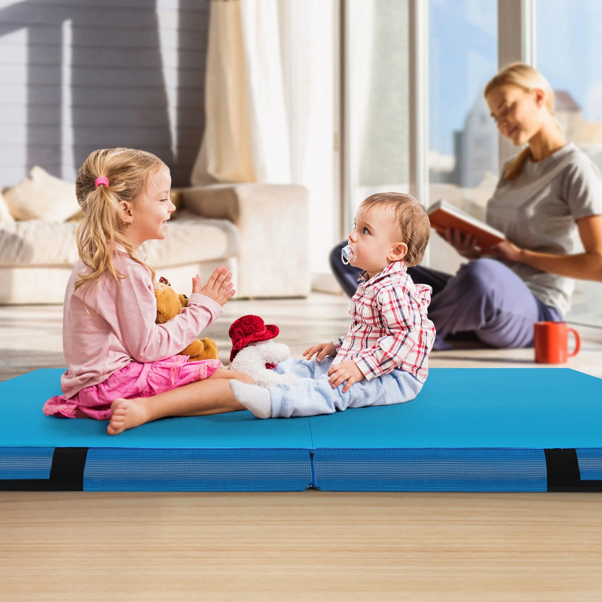 Blue 4'x4'x4'' Bi-Folding Gymnastic Tumbling Mat with Handles P308