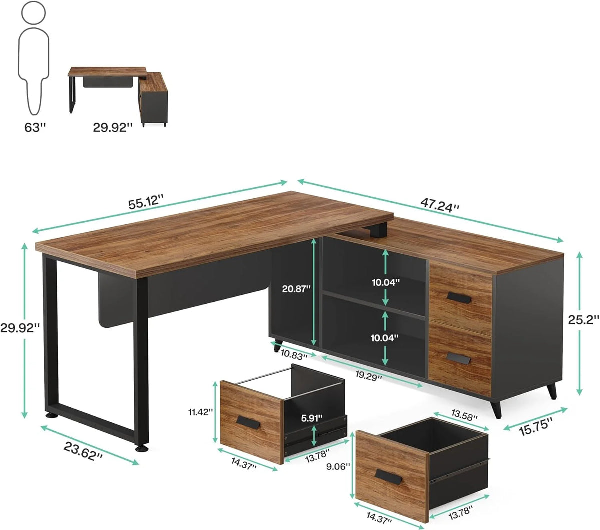 55 Inch L Shaped Desk with File Drawer J2772