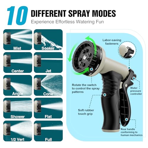 50ft Non-Expandable Flexible Garden Hose with 10 Function Nozzles Y302