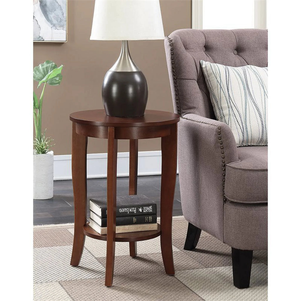 Round Wood End Table with Bottom Shelf in Mahogany N623