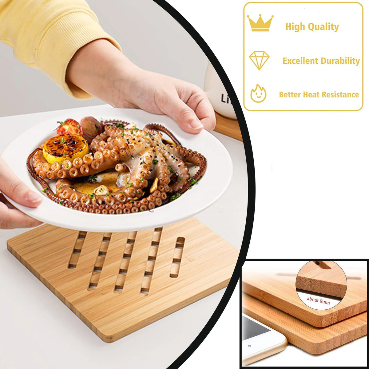 8 Pack Natural Bamboo Trivet Mat Set with 2 Holders K464