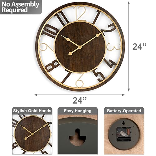 Brown 24-Inch Wooden Analog Wall Clock D7957
