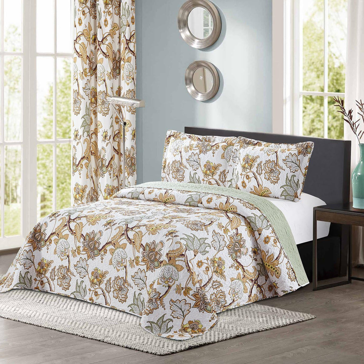 2pc Reversible Floral Bedspread Coverlet Quilt Set with Curtains Twin Size Yellow U1800