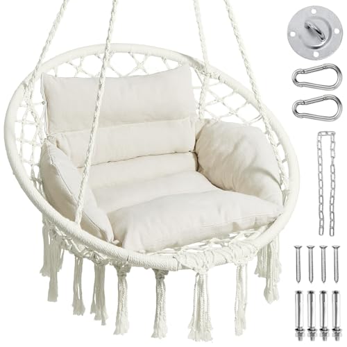 Beige Macrame Hanging Hammock Chair with Cushion Z23506