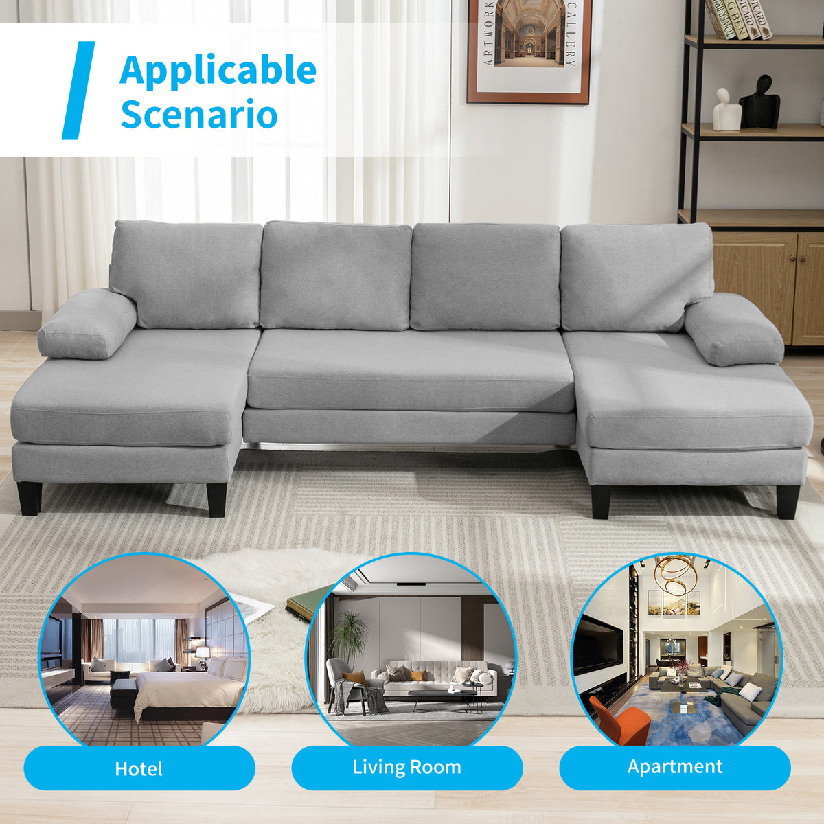 Light Gray 4 Seats Linen Fabric U-Shaped Sectional Sofa with Double Comfy Chaise N7127