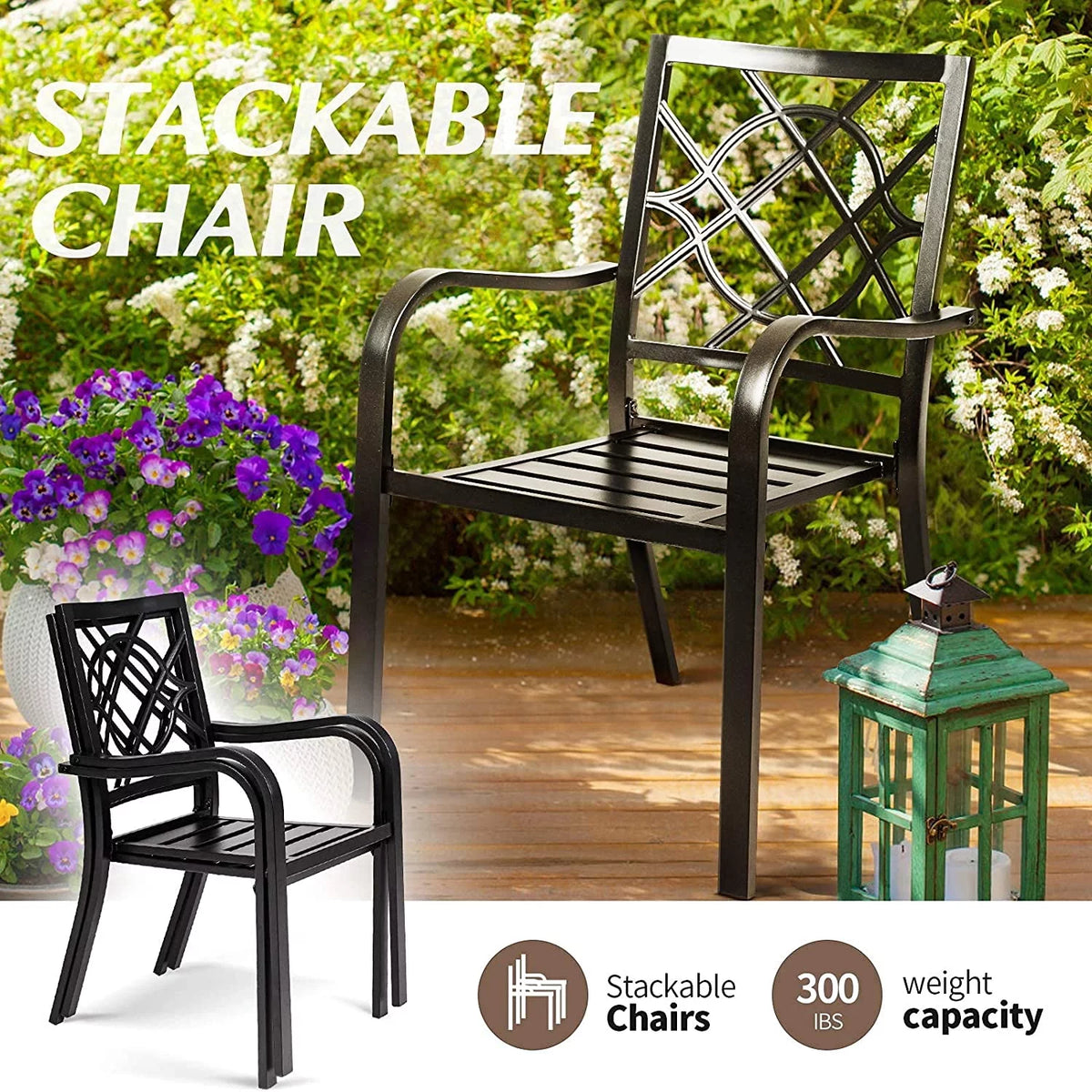 5-Piece Outdoor Patio Dining Set Stackable Metal Chairs and Square Table Black E191