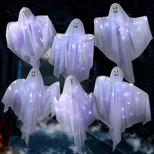 6 Pack 27.5 Inch LED Light-Up Hanging Ghost Decorations R647