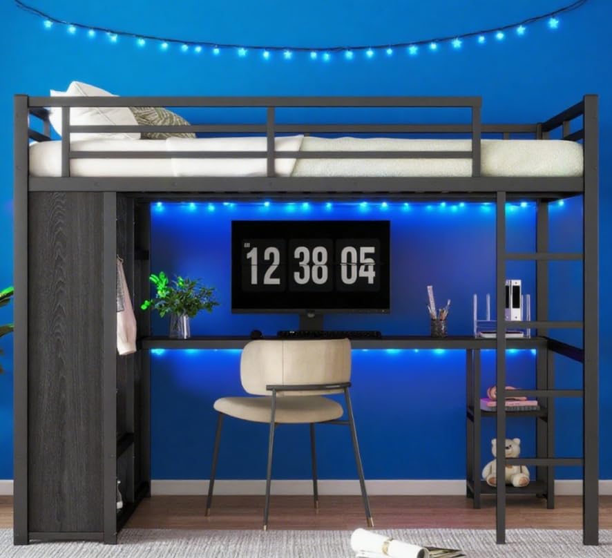 Queen Size Black Metal Loft Bed with L Desk and Wardrobe J307