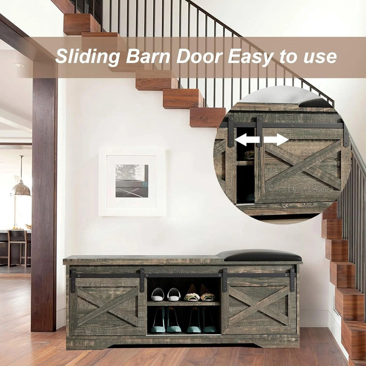 47 inch 2-Tier Shoe Storage Bench with Sliding Barn Door L899