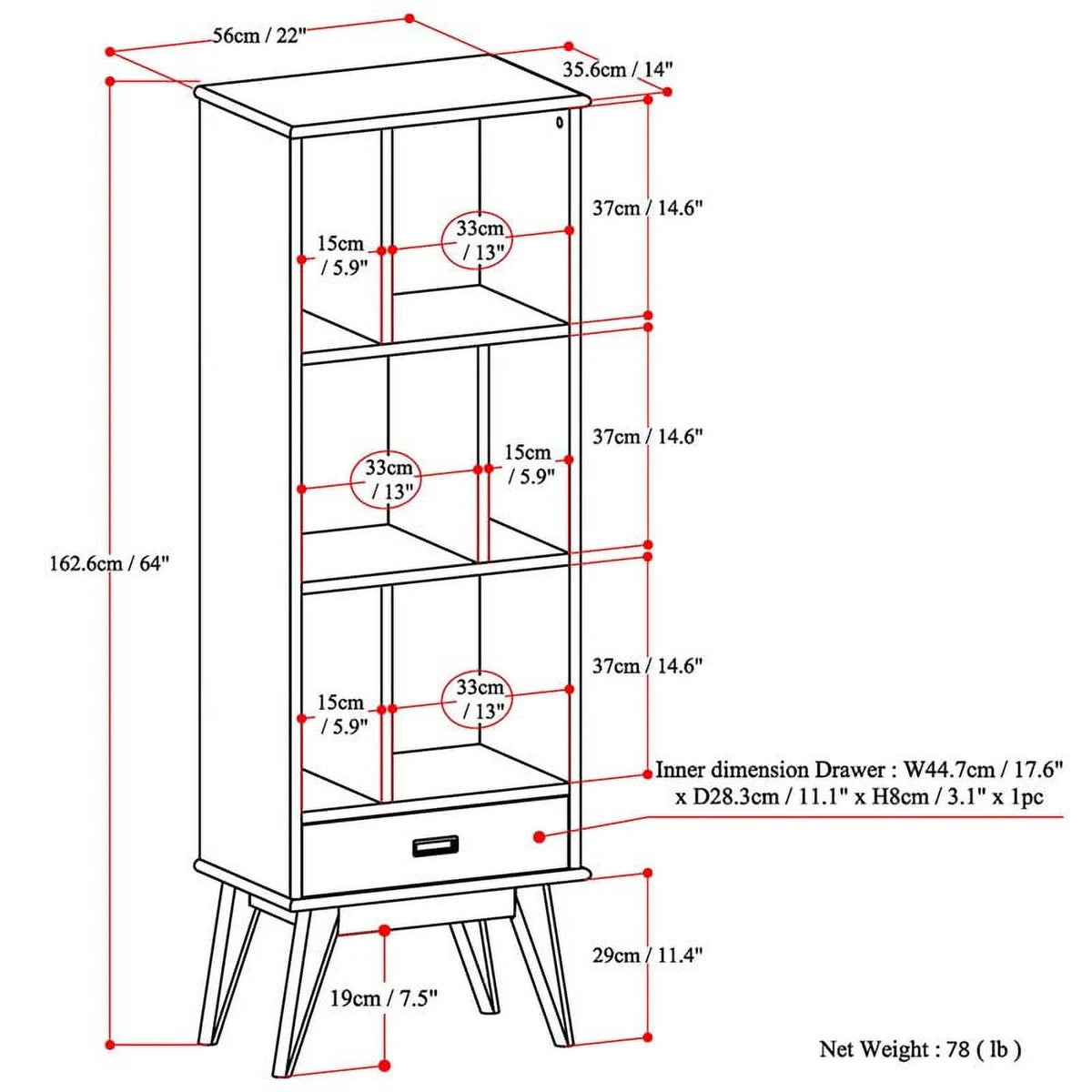 1 Drawer Solid Wood Bookcase P375