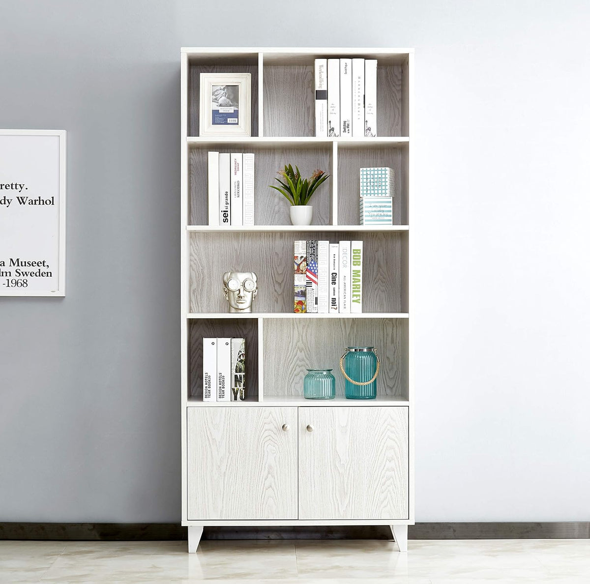 Black 68 Tall Wooden Bookcase with 2 Doors and 7 Compartments W442