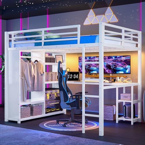 Queen Size Black Metal Loft Bed with L Desk and Wardrobe J307