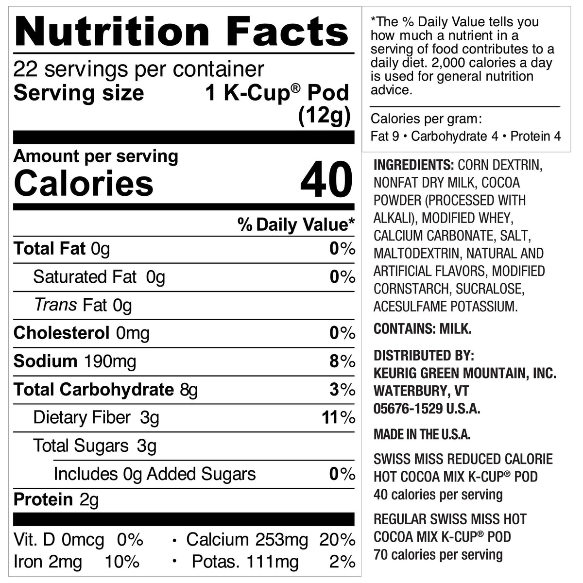 Reduced Calorie Hot Cocoa K-Cup Pods 22 Ct D195