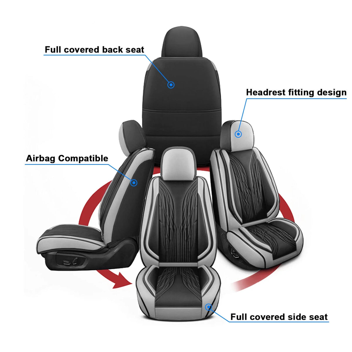 Black&Gray PU Leather 5 Seats Car Seat Cover Full Set S563810