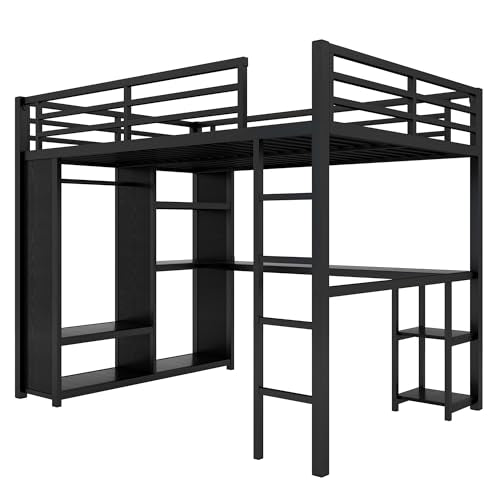 Queen Size Black Metal Loft Bed with L Desk and Wardrobe J307