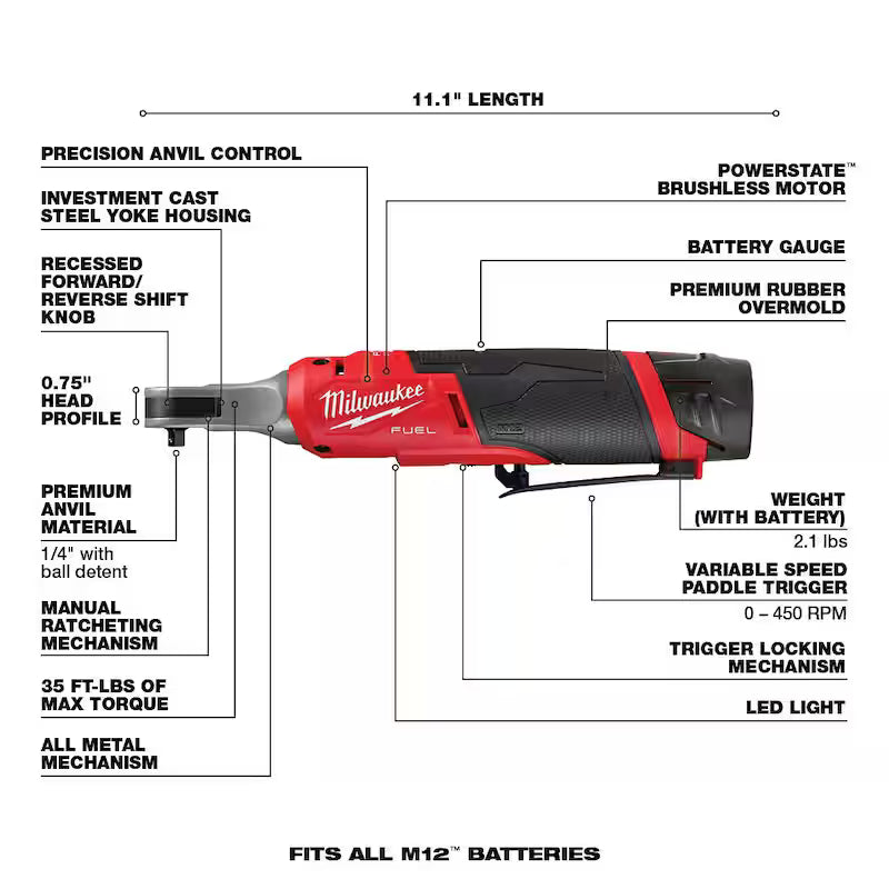 12V Lithium-Ion Brushless Cordless 1/4 in. Ratchet Kit with Batteries, Charger and Bag W177715