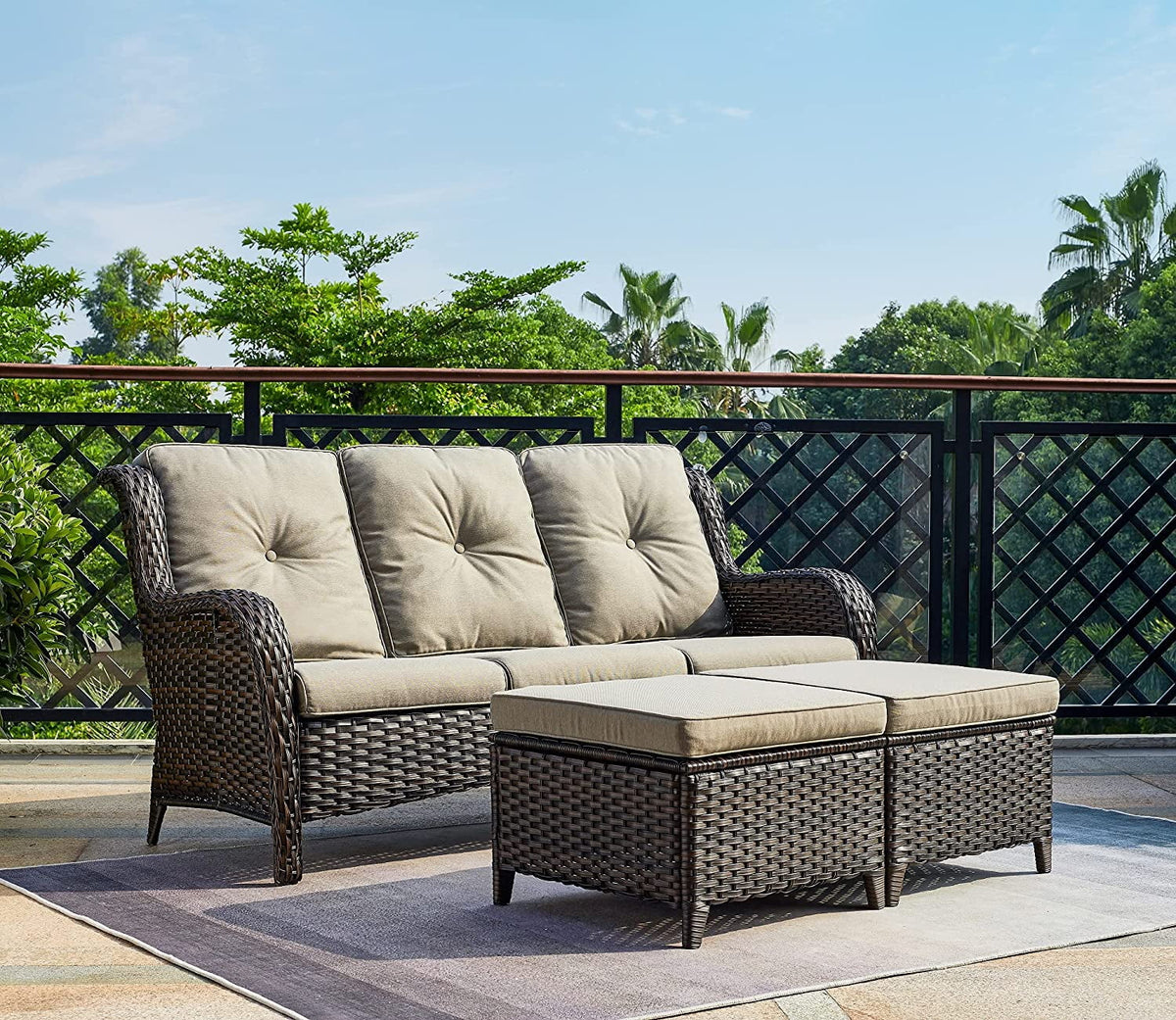 5 PC Brown Rattan Wicker Sectional Sofa Set with Ottoman Footrests V115
