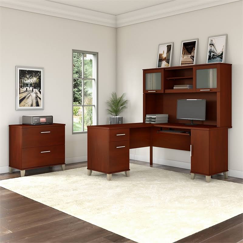 60W L Desk with Hutch and File Cabinet in Cherry C56162