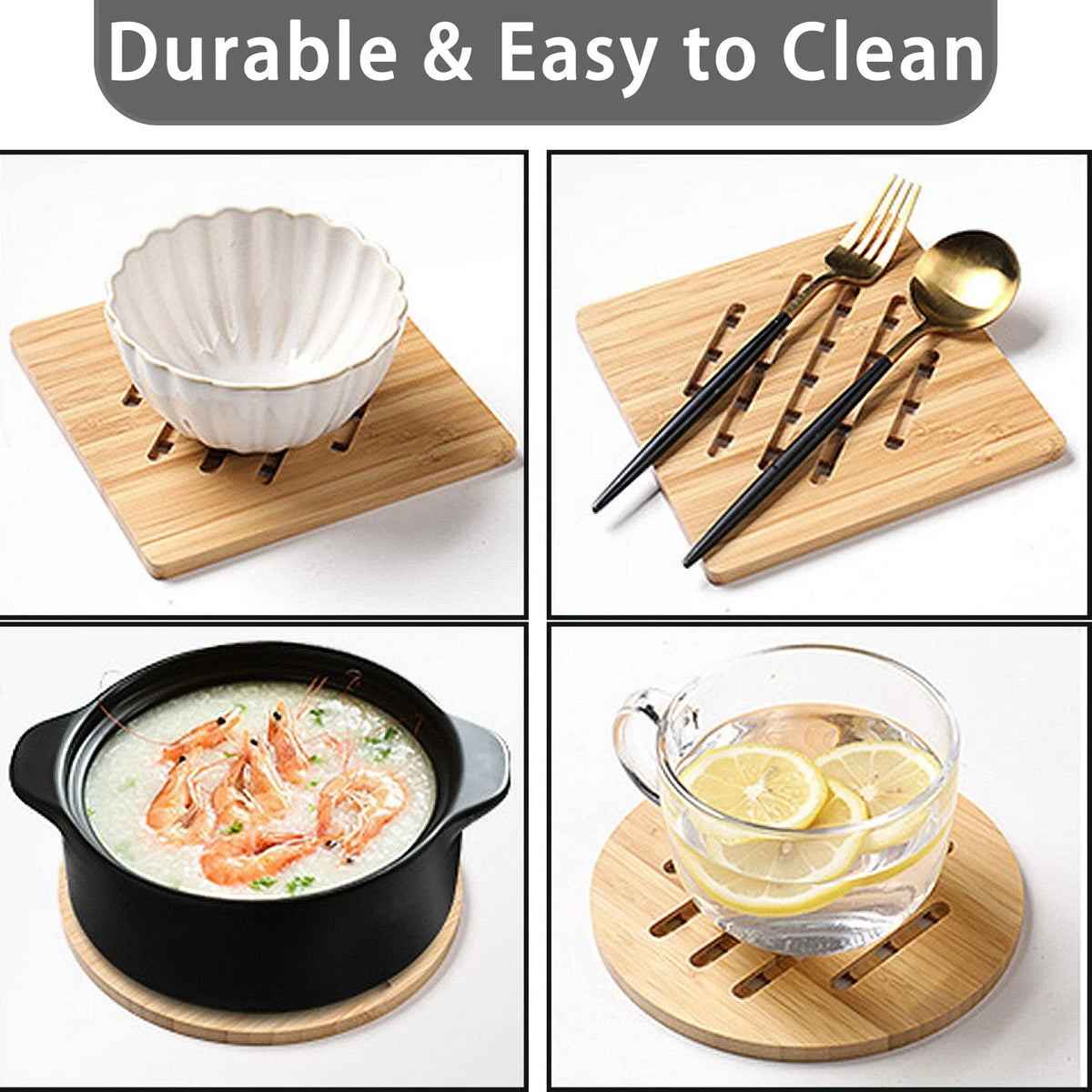 8 Pack Natural Bamboo Trivet Mat Set with 2 Holders K464