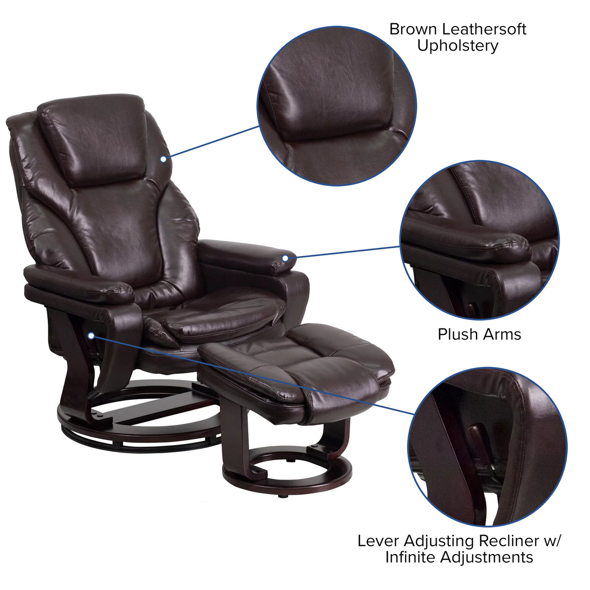 Brown LeatherSoft Recliner and Ottoman with Swivel Mahogany Wood Base B38302