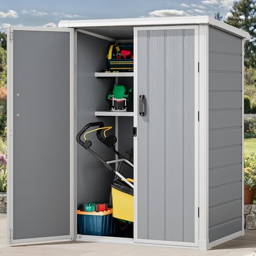 60 Cuft Outdoor Tall Storage Shed with 2 Shelves, Weatherproof Vertical Tool Shed with Floor & Lockable Doors, Double-Wall Plastic Cabinet (Gray) P36896