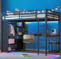 Queen Size Black Metal Loft Bed with L Desk and Wardrobe J307