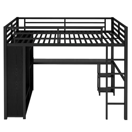Queen Size Black Metal Loft Bed with L Desk and Wardrobe J307