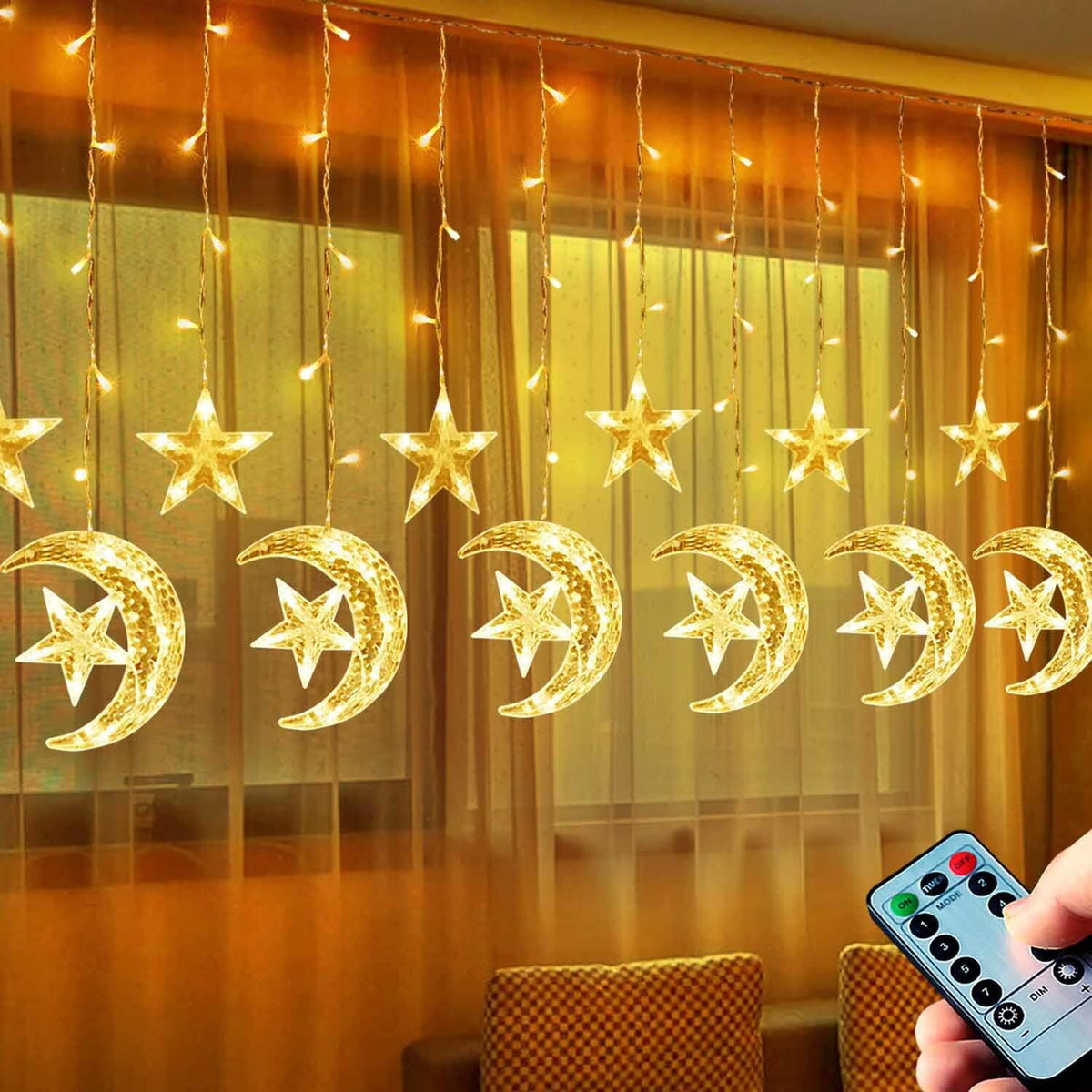 Warm White LED Curtain Lights with Remote Control Y94526