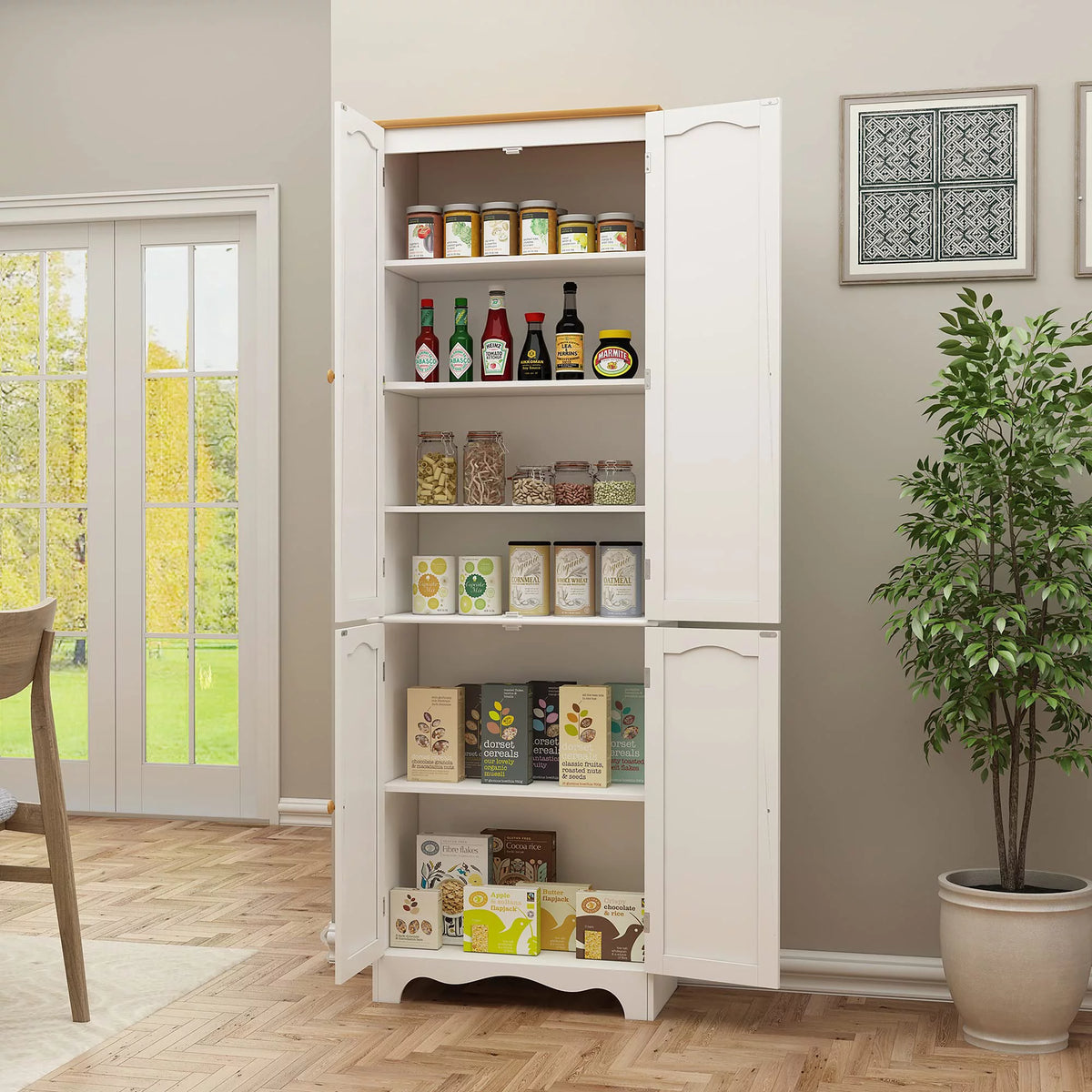 72'' Tall Kitchen Pantry Cabinet with 4 Doors and 2 Adjustable Shelf, White and Honey V427347