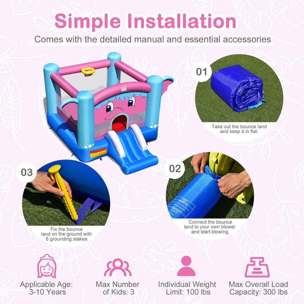 Inflatable Bounce House 3-in-1 Elephant Theme Castle with 550W Blower D15790