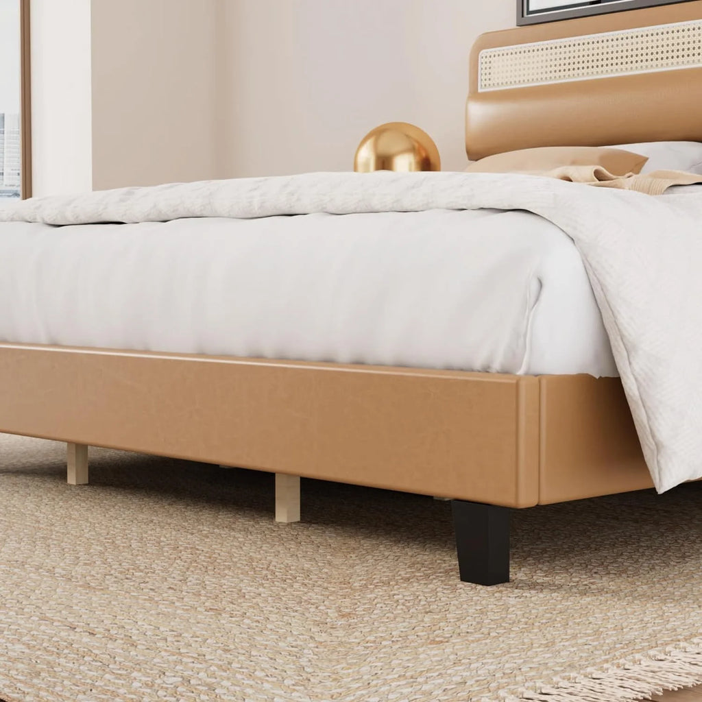 Full Size Upholstered Platform Bed Frame with Rattan Headboard H58847