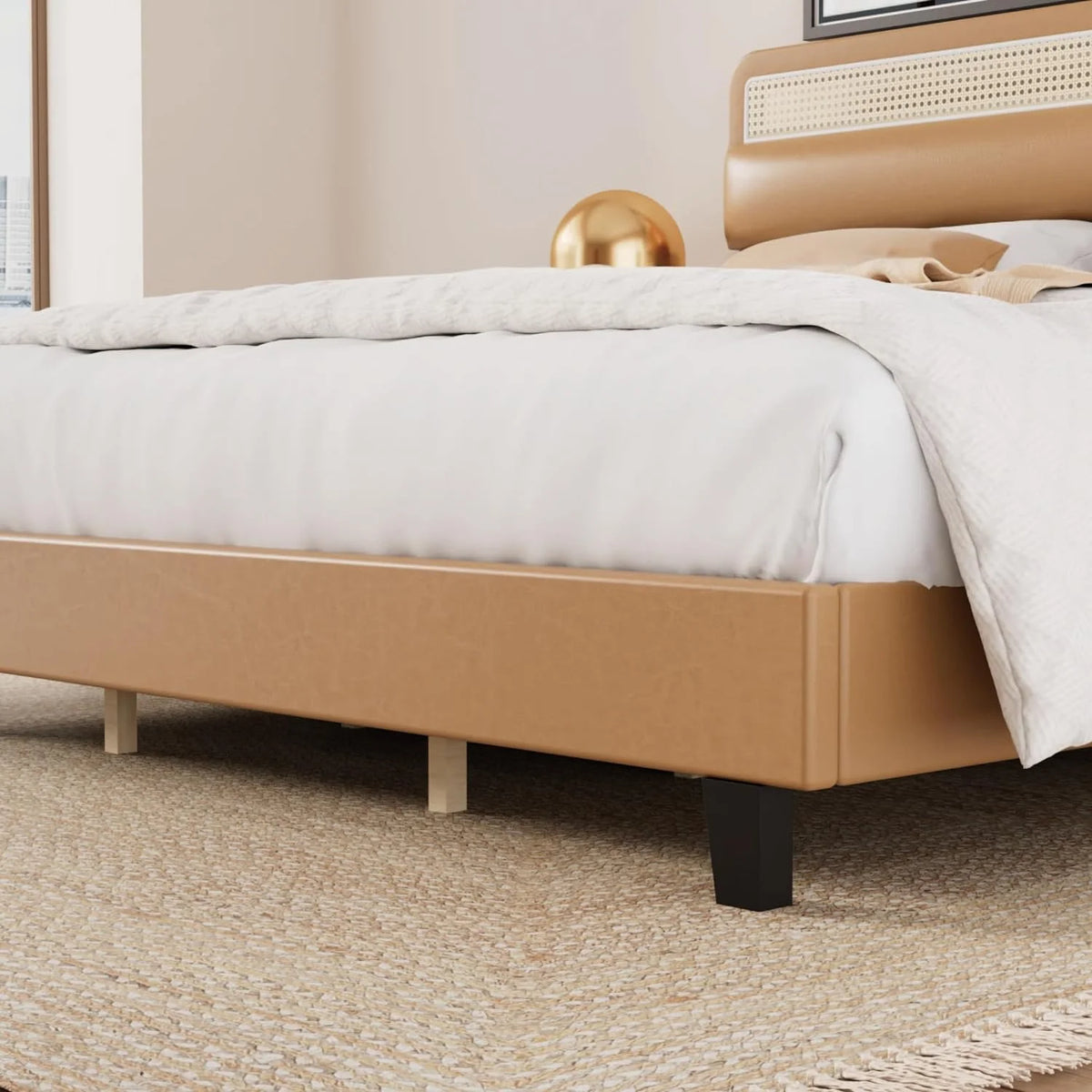 Full Size Upholstered Platform Bed Frame with Rattan Headboard H58847