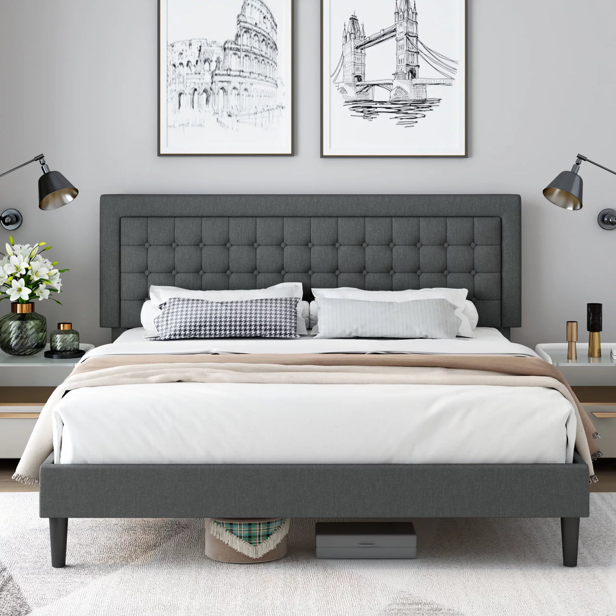 King Bed Frame with Adjustable Button Tufted Upholstered Headboard K809