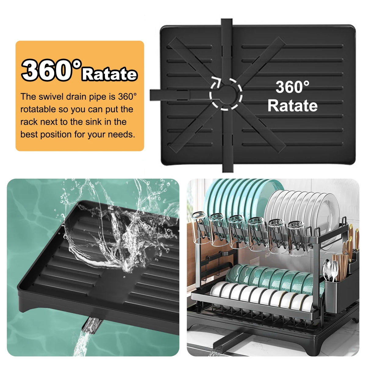 Black 2 Tier Stainless Steel Dish Drying Rack with Drainboard E176