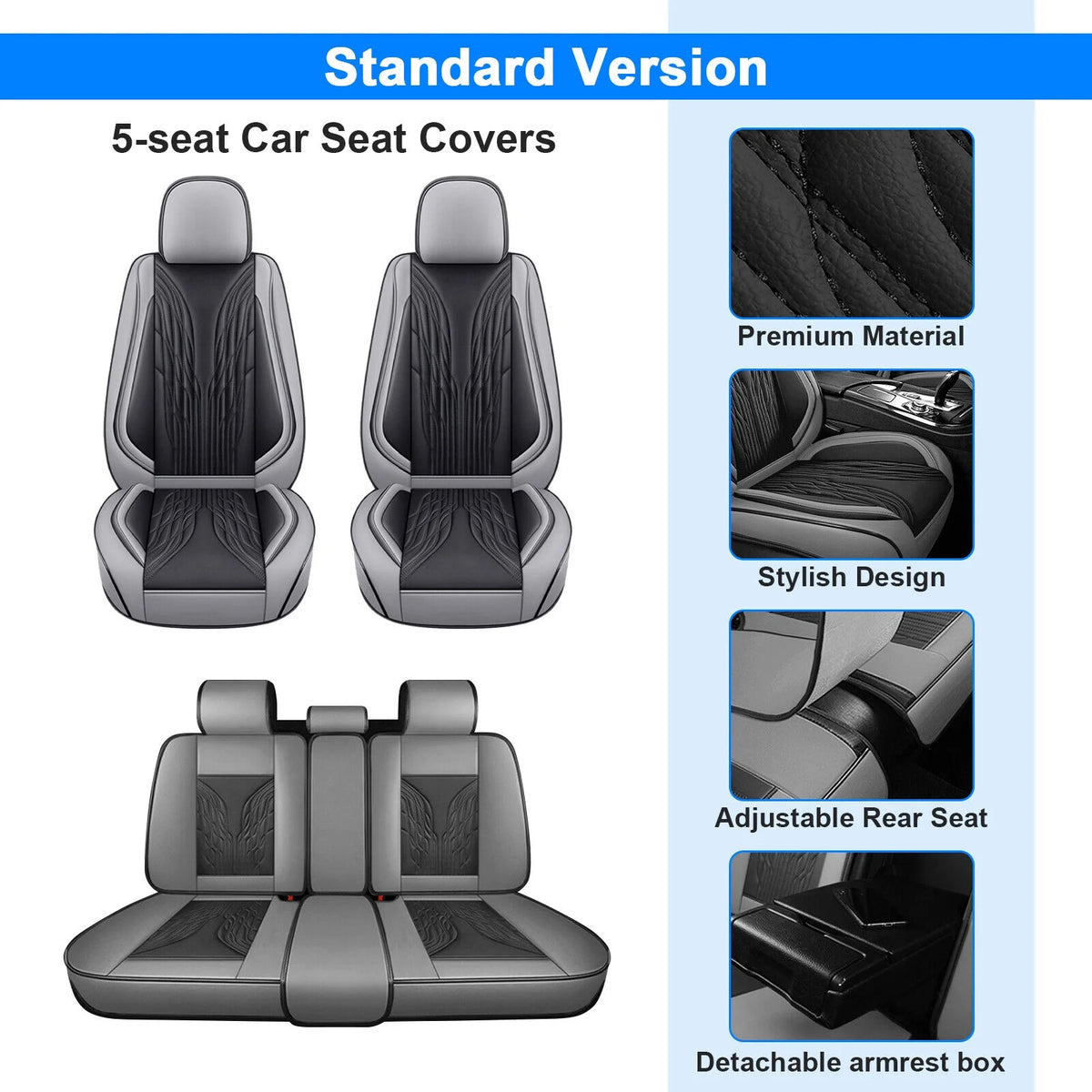 Black&Gray PU Leather 5 Seats Car Seat Cover Full Set S563810