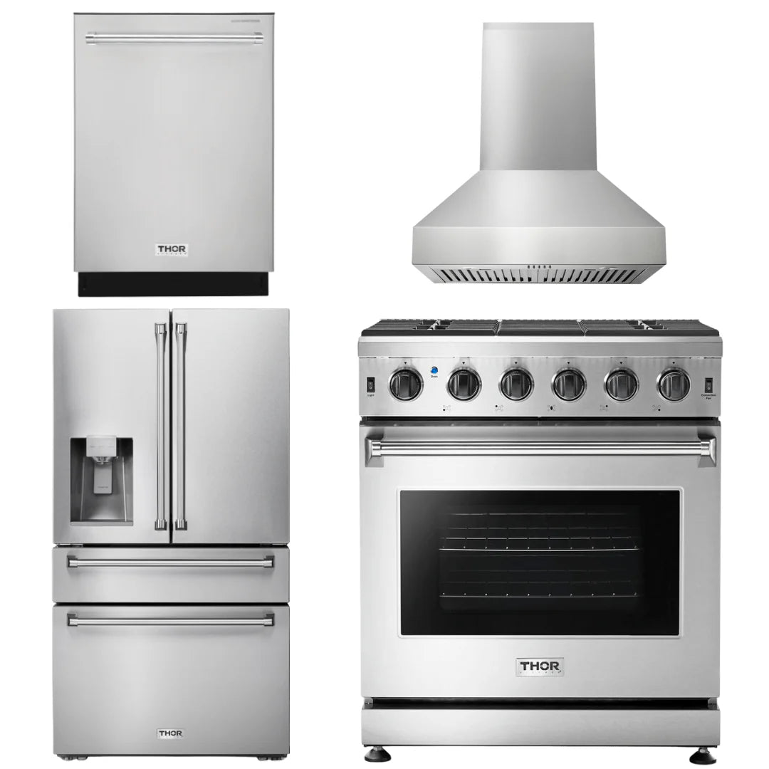 30 Gas Range, Range Hood, Refrigerator with Water and Ice Dispenser, Dishwasher B760