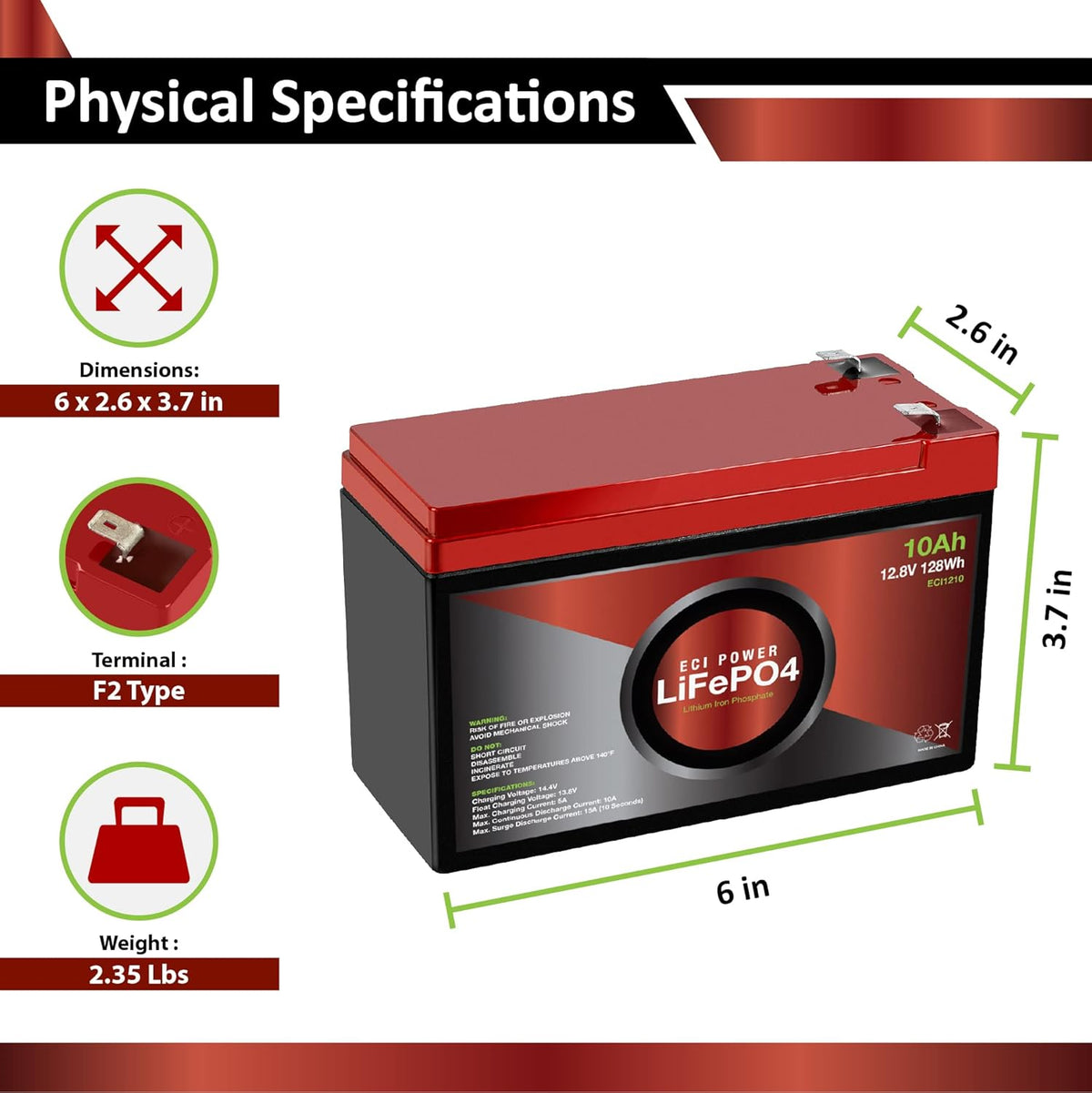 12V 10Ah Lithium LiFePO4 Deep Cycle Rechargeable Battery F335